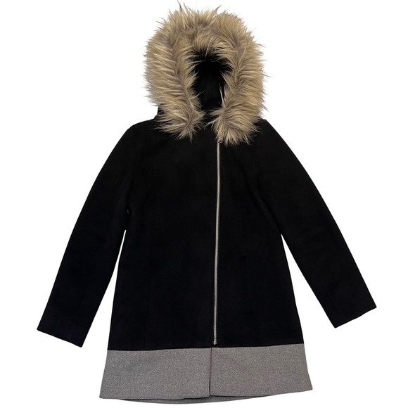 Design Lab Black Wool Blend Faux Fur Trim Hooded Coat Girl's Size XL (14/16)